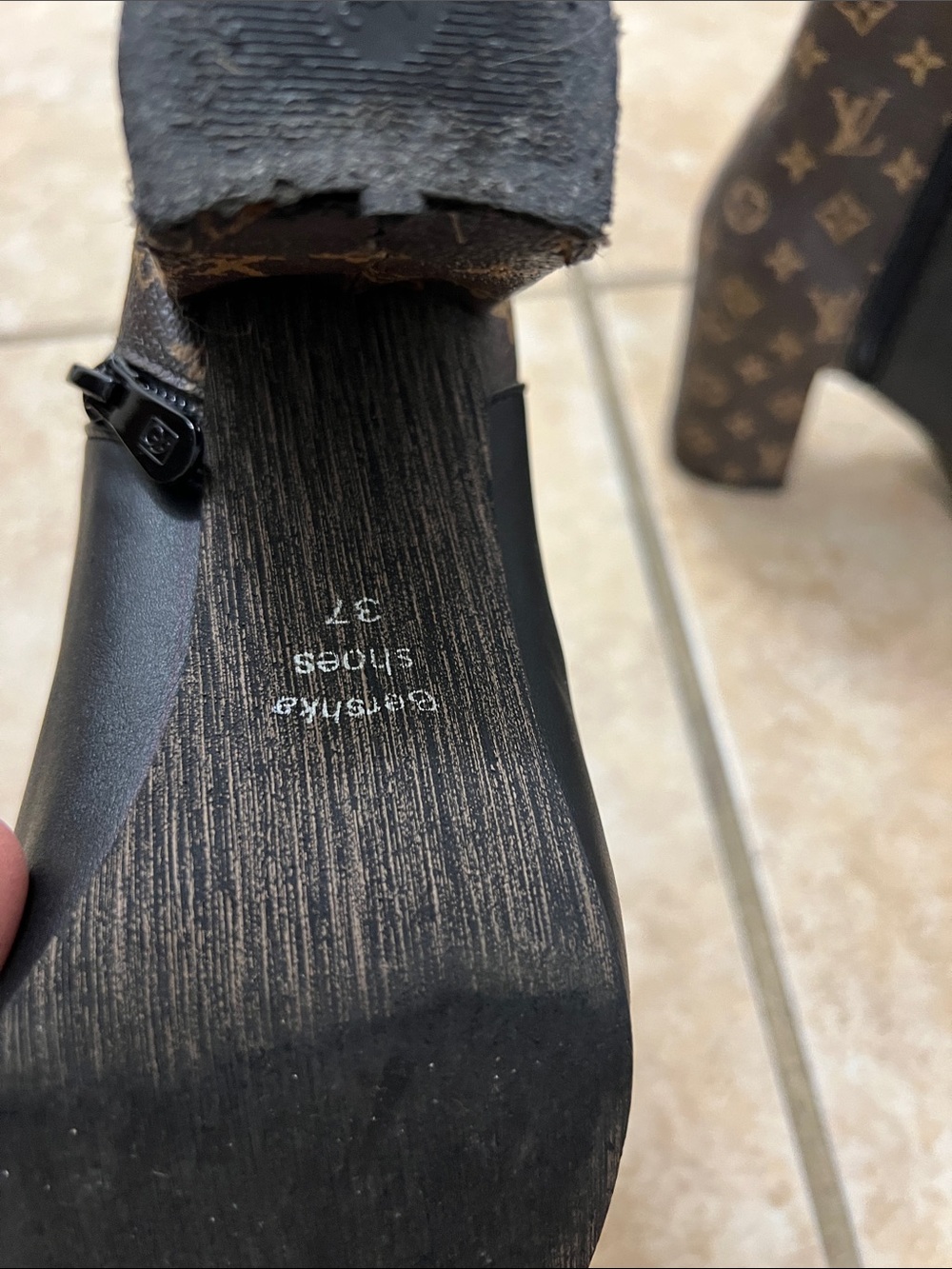 Black and brown monogram Inspired Leather Ankle Boots with Monogram Heel - Picture 6 of 7